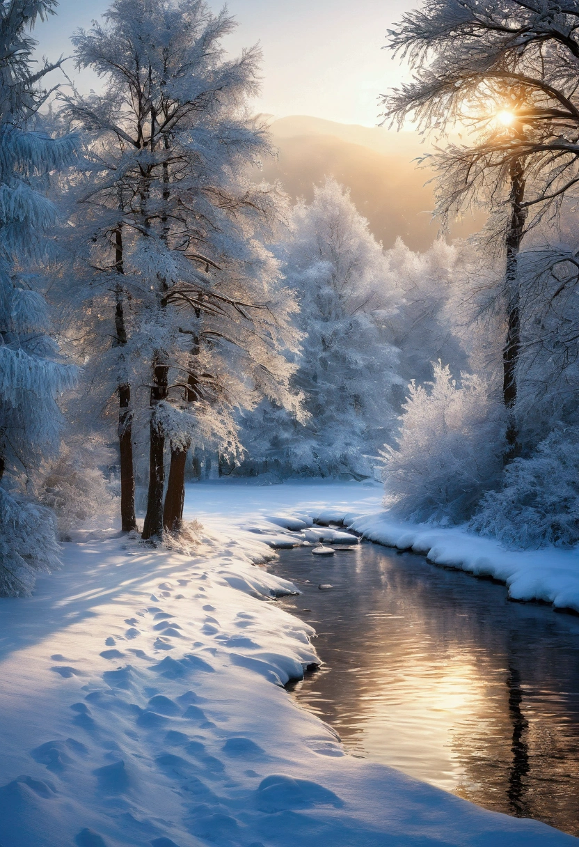 (Best quality,4K,8K,A high resolution,Masterpiece:1.2),Ultra-detailed,(Realistic,Photorealistic,photo-realistic:1.37),Winter theme,landscape,Refreshing and cool color,soft and warm lighting,Icy atmosphere,golden rays of sunlight,Icy reflections,Snow-covered mountains,Sparkling snowflakes,Evergreen tree,Melting icicles,Tranquil lake,Peaceful silence,Gentle breeze,A touch of magic,Nostalgia,Artistic brushstrokes,subtle texture,Fine details,Detailed foreground elements,Sublime horizons,Prominent perspectives,Vibrant brushstrokes,Layered composition,Vivid winter tones,Carefully crafted balances,A sense of dramatic depth,Tranquil winter scene,Ethereal beauty,A classic winter wonderland,Vibrant winter fantasy,Skillful craftsmanship,Superb artistry,Fascinating winter stories,Superb use of light and shadow,Dreamlike atmosphere,Elegant movement in the wind,One with nature,An alluring sense of adventure,Majestic and intimate,Winter hugs,Instantly frozen in time，In the distance, there is a vague figure of a person's back