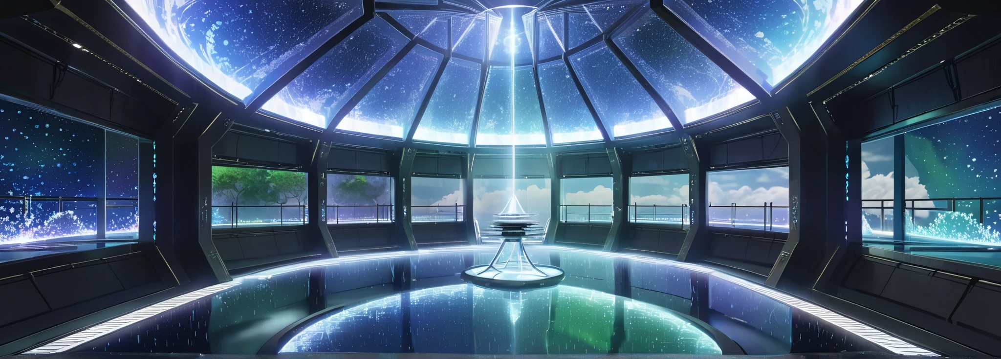 The Hyperbolic Time Chamber (Room of Spirit and Time , Seishin to Toki no Heya, lit. "Room of Spirit and Time") is a mysterious dimension that is a separate dimension from that of Earth. 
There is no night or day in the Room, but the surroundings remain a constant bright iridescent white aurora. Its reflective floor is of undefined area, and the Room's boundaries are thought to stretch to infinity in all directions even though it appears to have a definite atmosphere, limiting its size to about that of the Earth.

(Cloudy)  (Sky) (Raindrops) (Rainy Sky)

(View from the Room)

