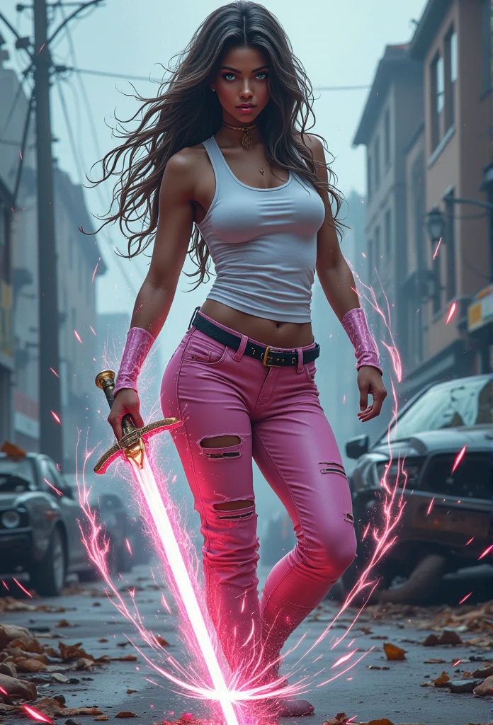  8k full HD photo realism in 4D anime style Strong traits niji5 6B sexy woman big boobs young 18 years old strong ,  on a street full of wrecked cars , A storm is falling ,  using a samurai crystal sword with a white tank top and torn pink leather pants with rays around her like her power big green eyes detailed around her like her power an Afro-descendant mixed with a pure Nordic , Mysterious