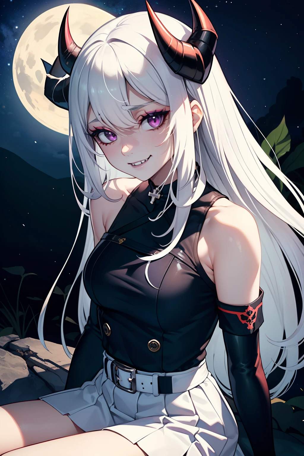 ivy fe purple eyes, white hair, white skin, black lips, makeup, purple horns, white military uniform, black belts, white skirt, white crop top, black knee high boots, black elbow length gloves, evil grin, looking at viewer, cowboy photo, sitting cross legged, night sky background