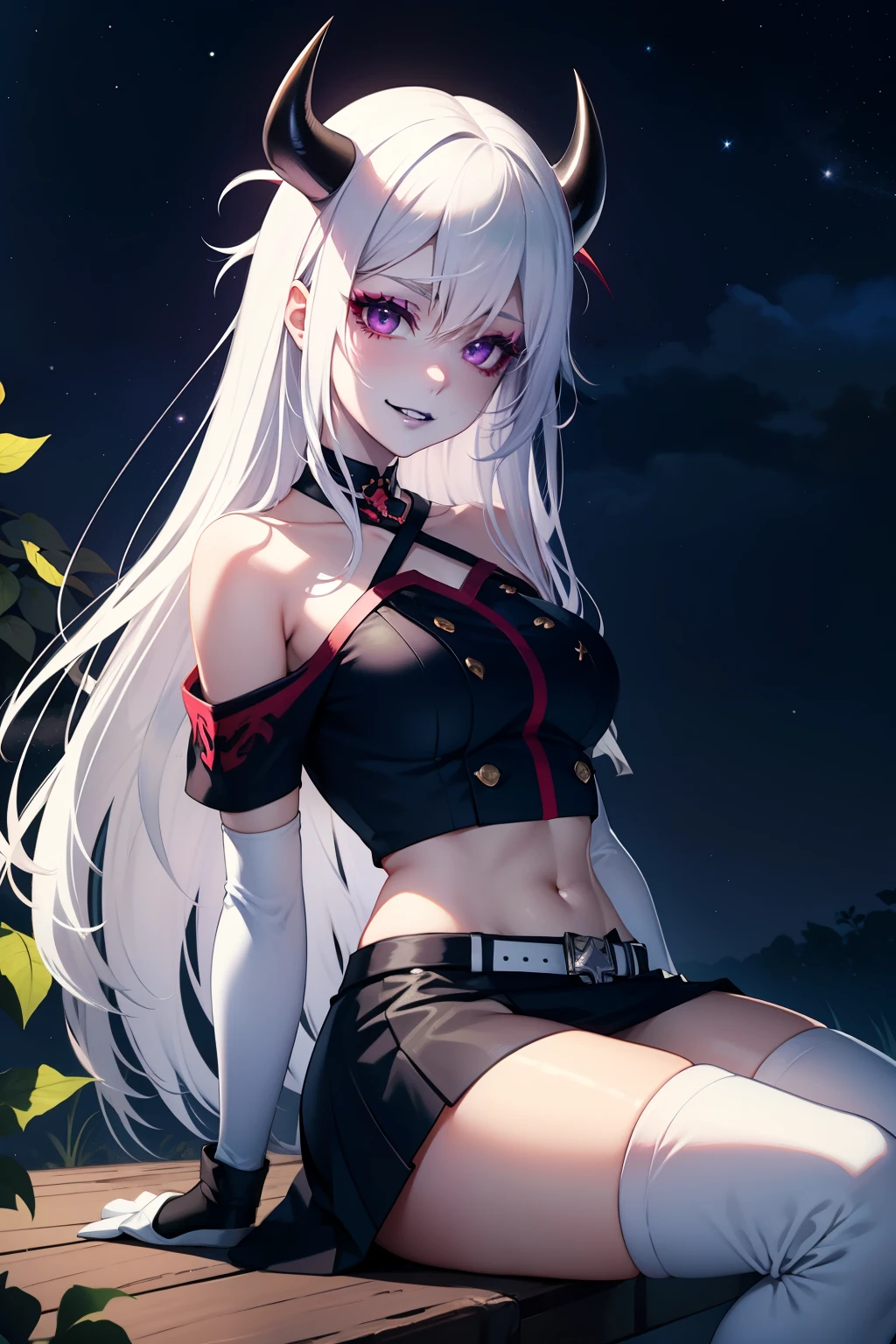 ivy fe purple eyes, white hair, white skin, black lips, makeup, purple horns, white military uniform, black belts, white skirt, white crop top, black knee high boots, black elbow length gloves, evil grin, looking at viewer, cowboy photo, sitting cross legged, night sky background