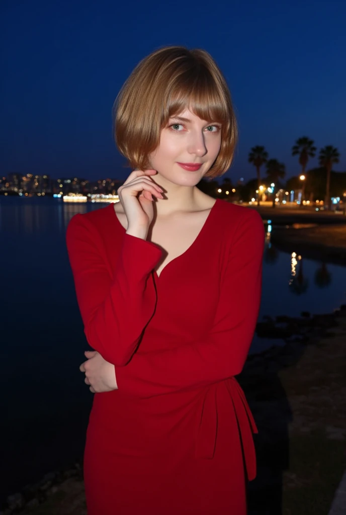 A young woman in her twenties with fair skin and an oval face. She has short, layered, blonde hair with soft bangs framing her face. Her eyes are medium-sized, light green in color, and almond-shaped, giving her a gentle and friendly expression. She has a small, straight nose, and moderately full lips with a natural tone, forming a slight smile. She is wearing a red dress, suggesting a cool evening atmosphere. The background shows a city shoreline with palm trees and urban lights reflecting off the water under a deep blue evening sky. The scene is calm and serene, with modern yet comfortable clothing and a relaxed and confident demeanor.