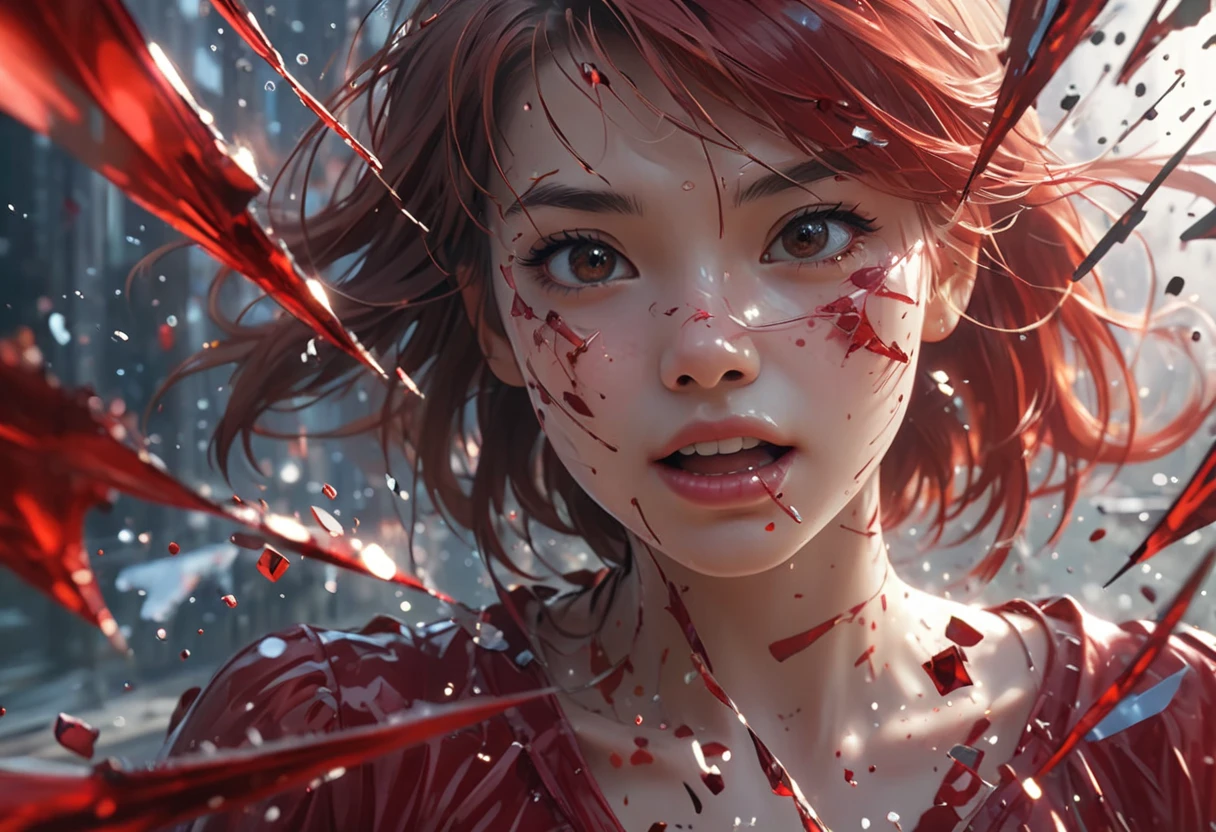 （best quality，Ultra-fine，Fidelity：1.37），beautiful girl，（intense gaze），（smile），Red viscous liquid oozes from scratches on face，close up。Bullets flew through the air，broke the glass。Instant capture，penetrating glass shards，Detailed bullet trajectories，slam，Shards of glass were scattered all over the place，There are debris in the air，slow motion freeze，high speed capture，dynamic chaos，Precise timing，flying debris，suspended in the air，dance clip，stained glass shards，refracted light，moving rapidly，translucent fragments，windows in fragments，