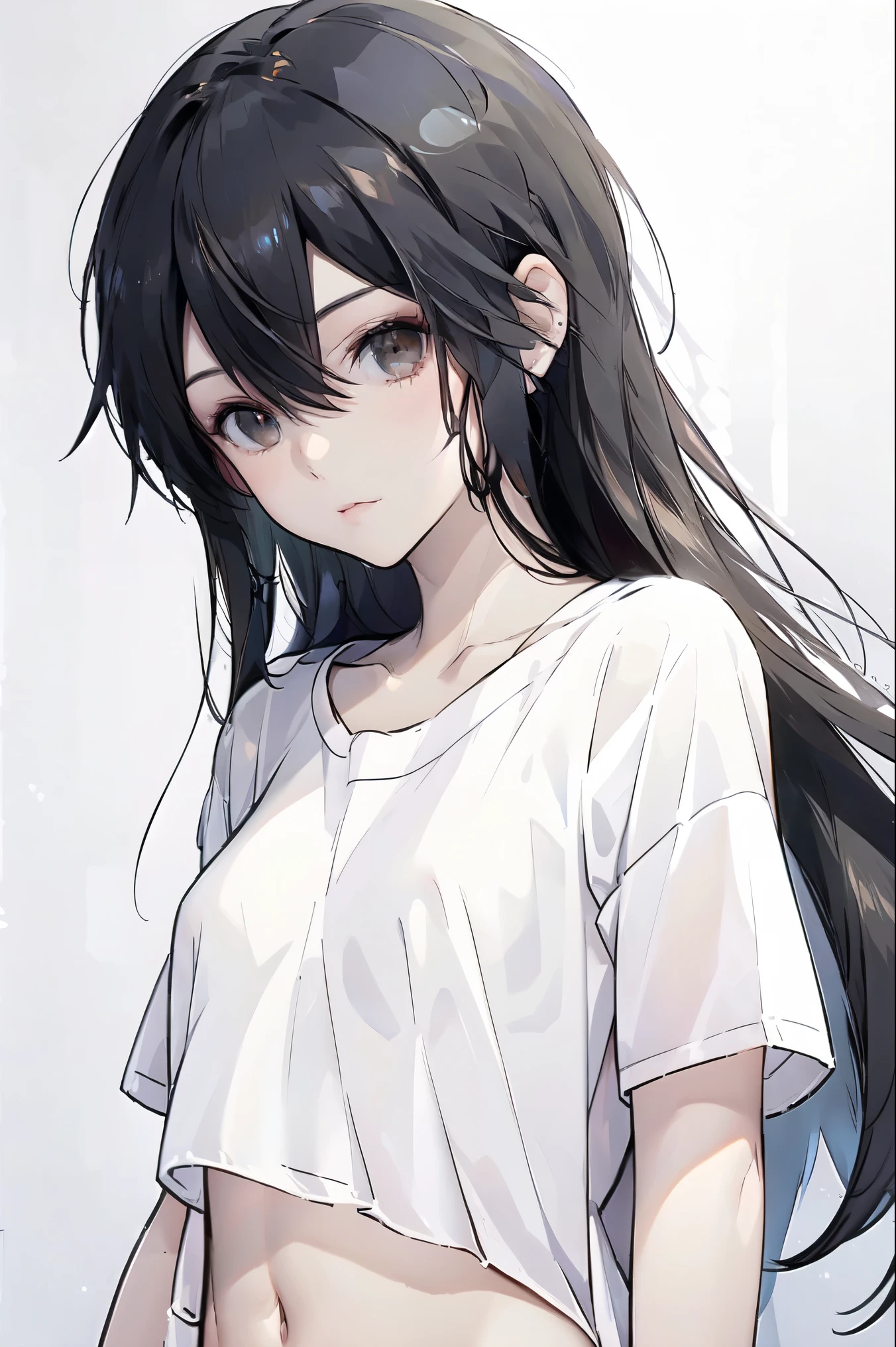   are of the best quality,   high resolution,、  Brown Eyes  、High Aims、 Black Hair、( long hair:1.3),  Straight Hair  、7 Really Small  、Navel、  White Short Sleeve Tee
Ong hair，Female Kirito  ， big breasts (d), Chest, 