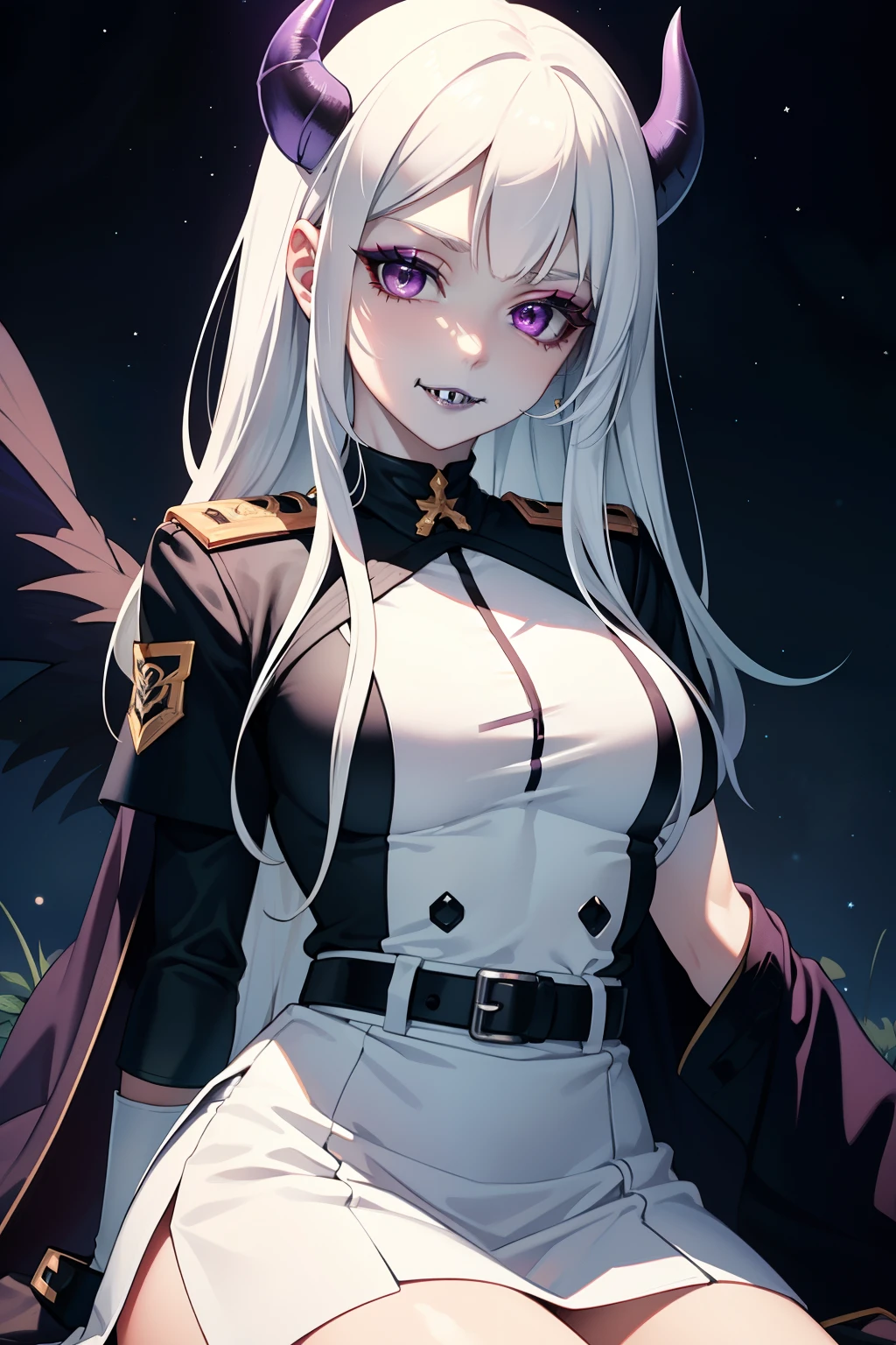 ivy fe purple eyes, white hair, white skin, black lips, sharp teeth, makeup, purple horns, white military uniform, black belts, white skirt, white crop top, black knee high boots, black elbow length gloves, evil grin, looking at viewer, cowboy photo, sitting cross legged, night sky background