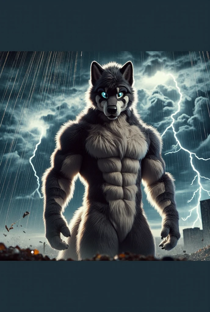 A hyperrealistic 3D render of a fursuit wolf male muscular standing resolutely in the middle of a violent thunderstorm. The sky is dark, filled with ominous clouds and flashes of lightning that illuminate the wolf's powerful frame. His fur is a mix of deep grey and black, with the storm’s fury creating dramatic reflections on his sleek coat. The wolf's eyes glow faintly, his expression unwavering and fierce as the wind howls around him. The environment is chaotic, with debris swirling in the wind and rain falling in torrents, but the wolf stands his ground. The scene is rendered in Ultra HD 8K, with cinematic realism and photorealistic details, capturing the intensity of the storm and the fierce energy of the wolf. The CyberRealistic lighting amplifies the contrast between the wolf’s dark form and the flashes of lightning, making the character stand out against the chaotic background.