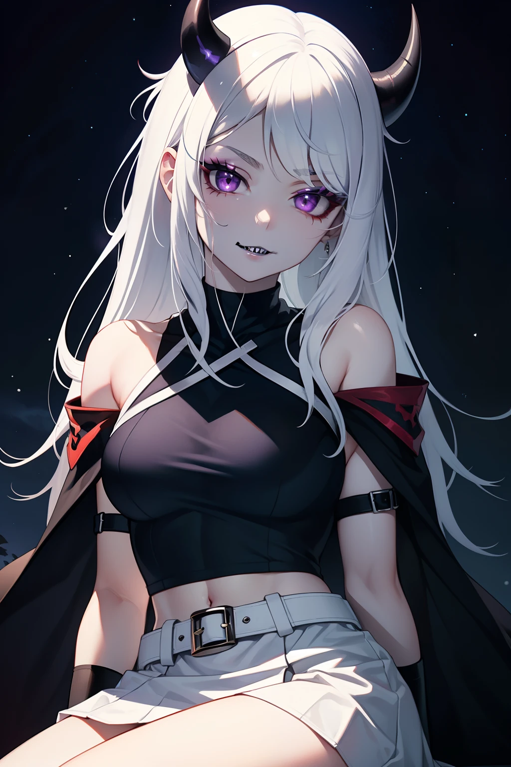 ivy fe purple eyes, white hair, white skin, black lips, sharp teeth, makeup, purple horns, white military uniform, black belts, white skirt, white crop top, black knee high boots, black elbow length gloves, evil grin, looking at viewer, cowboy photo, sitting cross legged, night sky background