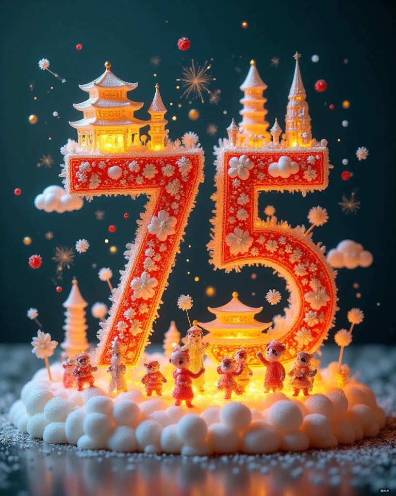 The numbers "7" and "5" are carefully drawn in 3D style with delicate golden lines. The number "7" is covered with distinctive buildings and flowers such as the Forbidden City, the Temple of Heaven,the Great Wall, and the beautiful peony flowers; while the number "5" is covered with iconic landmarks of modern China, majestic rockets,cute pandas,gorgeous fireworks, and a group of people releasing balloons. The edges of the numbers are surrounded by golden ribbon clouds,which are shining.