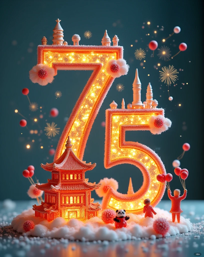 The numbers "7" and "5" are carefully drawn in 3D style with delicate golden lines. The number "7" is covered with distinctive buildings and flowers such as the Forbidden City, the Temple of Heaven,the Great Wall, and the beautiful peony flowers; while the number "5" is covered with iconic landmarks of modern China, majestic rockets,cute pandas,gorgeous fireworks, and a group of people releasing balloons. The edges of the numbers are surrounded by golden ribbon clouds,which are shining.