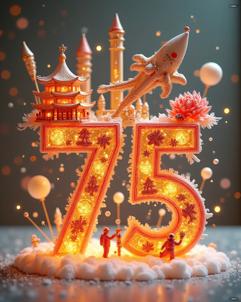 The numbers "7" and "5" are carefully drawn in 3D style with delicate golden lines. The number "7" is covered with distinctive buildings and flowers such as the Forbidden City, the Temple of Heaven,the Great Wall, and the beautiful peony flowers; while the number "5" is covered with iconic landmarks of modern China, majestic rockets,cute pandas,gorgeous fireworks, and a group of people releasing balloons. The edges of the numbers are surrounded by golden ribbon clouds,which are shining.