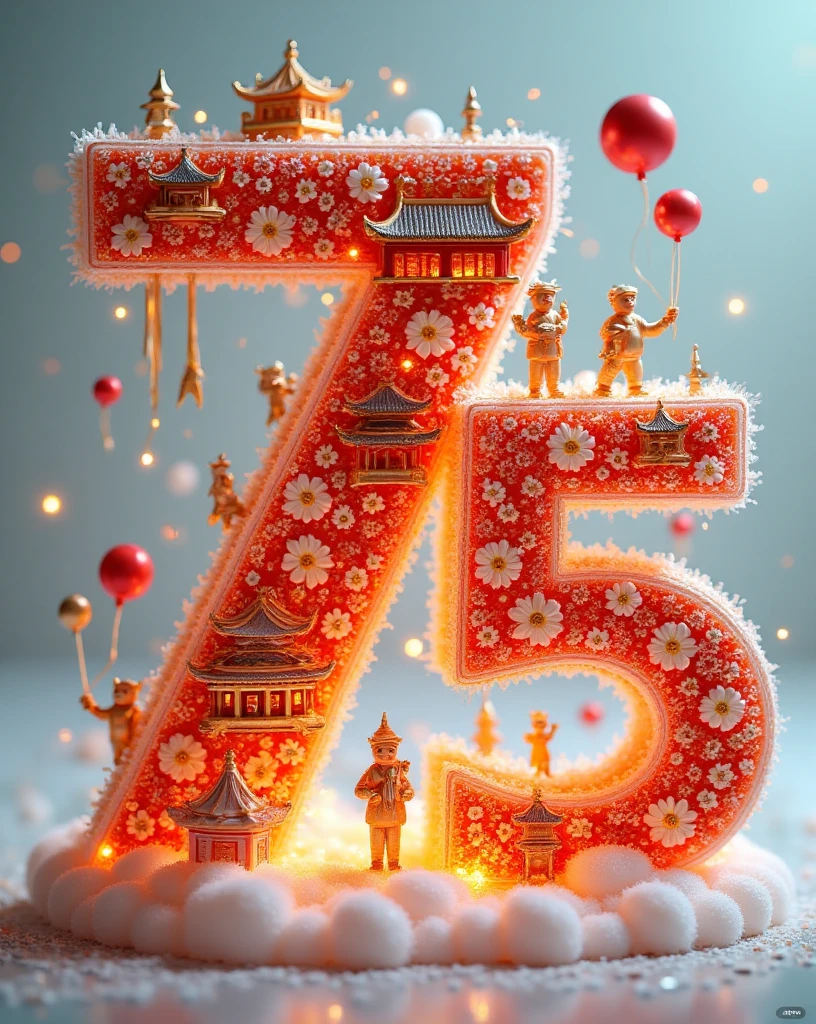 The numbers "7" and "5" are carefully drawn in 3D style with delicate golden lines. The number "7" is covered with distinctive buildings and flowers such as the Forbidden City, the Temple of Heaven,the Great Wall, and the beautiful peony flowers; while the number "5" is covered with iconic landmarks of modern China, majestic rockets,cute pandas,gorgeous fireworks, and a group of people releasing balloons. The edges of the numbers are surrounded by golden ribbon clouds,which are shining.