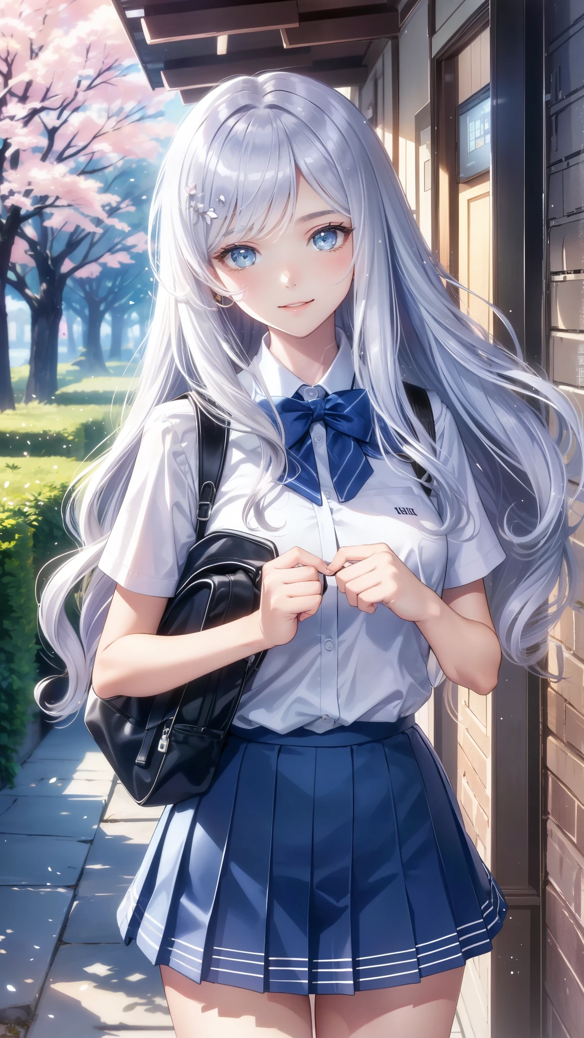 ((8k, superior quality , masterpiece: 1.3)), super haute résolution,( 1 fille, Alone), ( Yeux Changeant de Couleur, ultra detail, Brillance expressive, paillettes, yeux brillants), extremely detailed eyes, laughing heartily , hair , (( pastel colors)),Dressed in a navy-blue school uniform with a pleated skirt and white blouse, une fille marche dans une rue calme , has a slight smile . Her long , , pose in a studio hall with , as she hums a song . 通りはCherry Blossomsの木に囲まれている, Cherry Blossomsの花びらが彼女の周りを舞っている, The sun has just risen . creates a picturesque landscape 、 has a slight smile , , with . backpack on one shoulder , Soft Cast, pose in a studio hall with , , pose in a studio hall with . ( early morning , school uniform , expression douce , Cherry Blossoms)