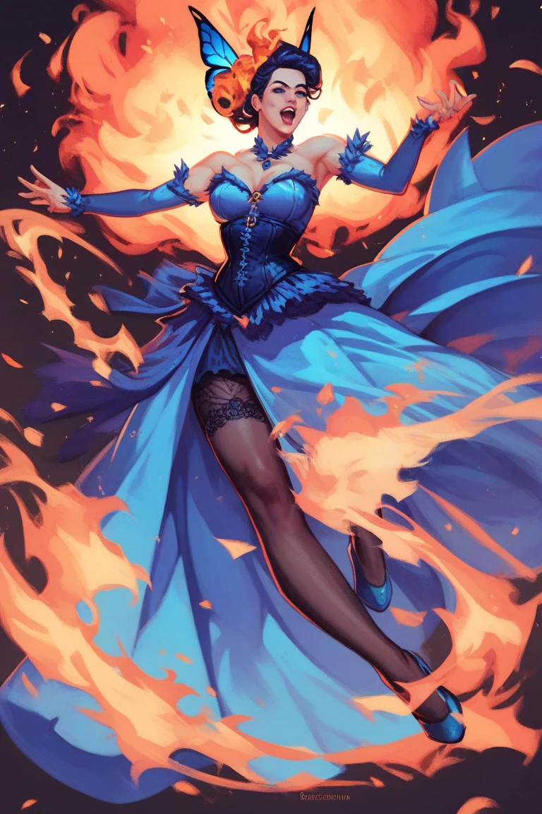 Fire Witch,  with blue monarch butterfly , in dynamic pose , Dancing. with a long dress that ends in fire, CORSET, botas altas y guantes.