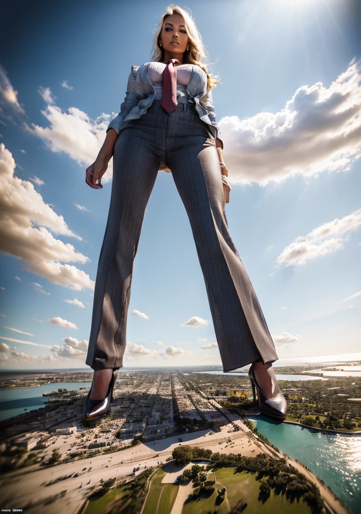  giga giantess art 1.4, full body view, walking forward with tie hanging down looking down on very tiny but massive continent, giantess so big she stands in space and where mointains are tiny compare to her, Towering giga giantess, young woman school uniform，(500,000 miles tall Looking up at the approaching woman from below), A sophisticated and stylish woman in a  perfect italian grey silk pinstriped suit, form fitting crisp white shirt tucked neatly in trousers, and a blue paisley 15 cm wide silk necktie in a very large windsor knot, tie length down to top of trousers, with a beautiful, curvaceous figure, massive breasts, and long golen blonde hair, with a curvaceous figure and massive breasts. wearing red rounded court shoes high heels with uncovered feet and standing, rampage-like pose, with a cityscape background of tiny massive mega-city, urban sprawl, coast line, and small towns, partially obscured by a hazy, cloudy atmosphere. The image is a high-resolution, masterpiece-quality, cinematic, ultra-detailed, and hyper-photorealistic photograph, with perfect hands, face, and lighting. ultra-detailed, 8K, photo-realistic, hyper-realistic, masterpiece, intricate details, full body view. Looking at camera, The image is a high-resolution, masterpiece-quality, cinematic, ultra-detailed, and hyper-photorealistic photograph, with perfect hands, face, and lighting. ultra-detailed, 8K, photo-realistic, hyper-realistic, masterpiece, intricate details, full body view from below