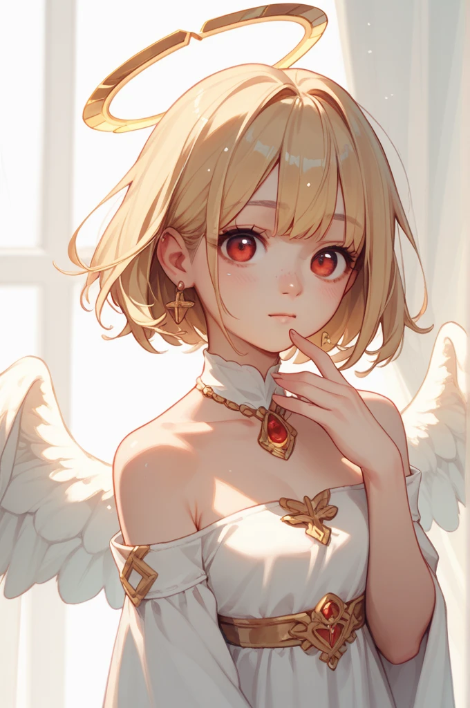 Girl . She is angel art anime
She has gold hair and red eyes. She is cute and beautiful