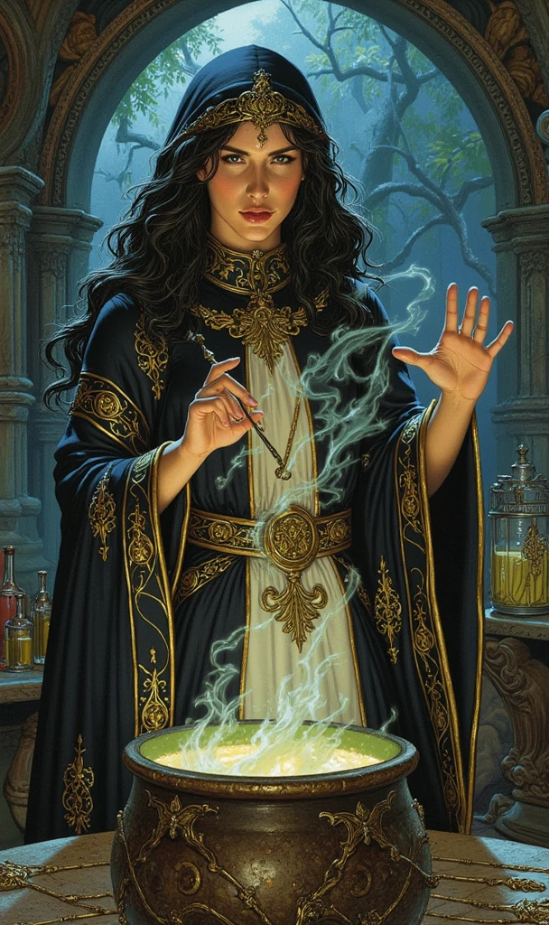 book cover,  romantic illustration ,   Intricate art , paint, Witch of Thasha    ,    beautiful European witch   ,   stirring a cauldron  ,    potion bubbles from inside the jar,  pilgrim costume  