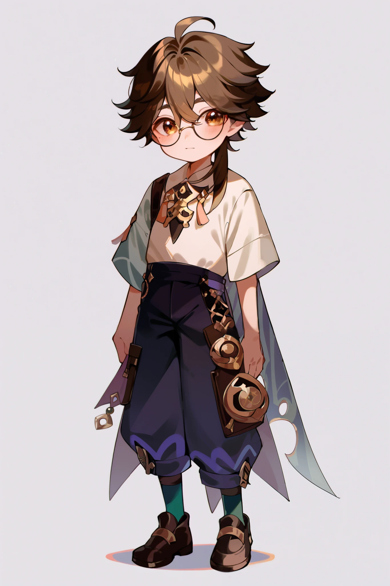 Shota, young man,  round glasses,  cute expression, white background,  game character, Genshin Impact, Full body standing in front of you,  brown hair