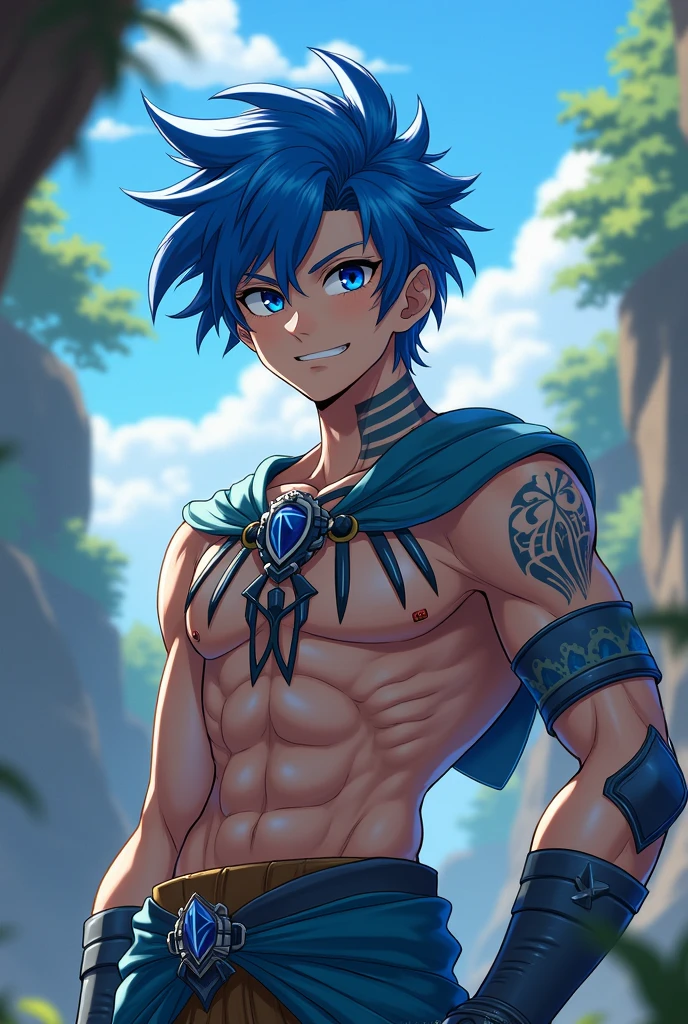 boy, very attractive boy, mexican ethnicity. tan skin, cobalt blue hair, almost completely shaved hair, young man, solo, Attractive. handsome face. mischievous expression, blue eyes, jet black hair, jacked muscle, beautiful musculature, aesthetic striations, inspirational physique, lean muscle, square pecs, beautiful v-taper, great abs and torso, bright bodysuit, standing front (young face) he wears brown Jedi-style baggy pants dark, black cape, bare chest, open black cape, Ruins of a Jedi temple with river and waterfalls background. Jedi open black tunic.