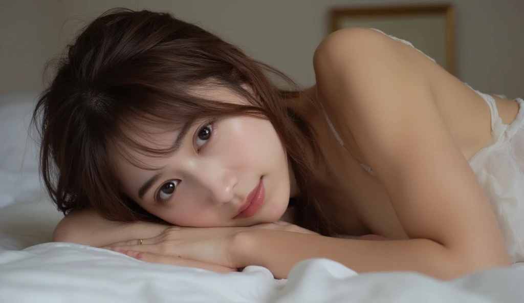  instagram、A young and beautiful Asian woman 、Lying with elbows on the bed 、smile、 slender 、 erotic 、 nightgies 、 beautiful, clear, white skin、Sexy Breasts、night、room、 sexy and provocative pose 、Lying down、Butt、足を伸ばしてLying downる