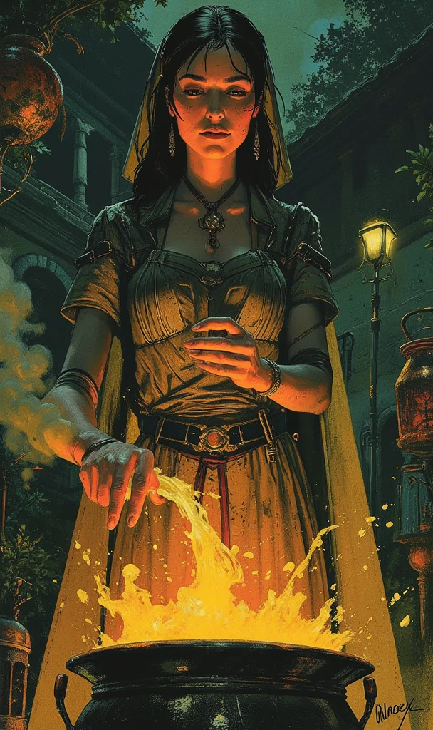 book cover,  romantic illustration ,   Intricate art , paint, Witch of Thasha    ,    beautiful European witch   ,   stirring a cauldron  ,    potion bubbles from inside the jar,  pilgrim costume  