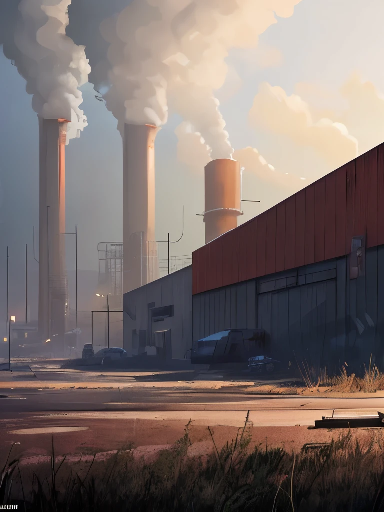 arafed industrial area with smoke and smokestacks in the background, concept art inspired by Ismail Inceoglu, cgsociety contest winner, conceptual art, industrial scifi, industrial sci - fi, industrial sci-fi, industrial sci fi, industrial environment, dystopian environment, digital concept art of dystopian, foggy dystopian world, industrial setting, factory background, dystopian atmosphere