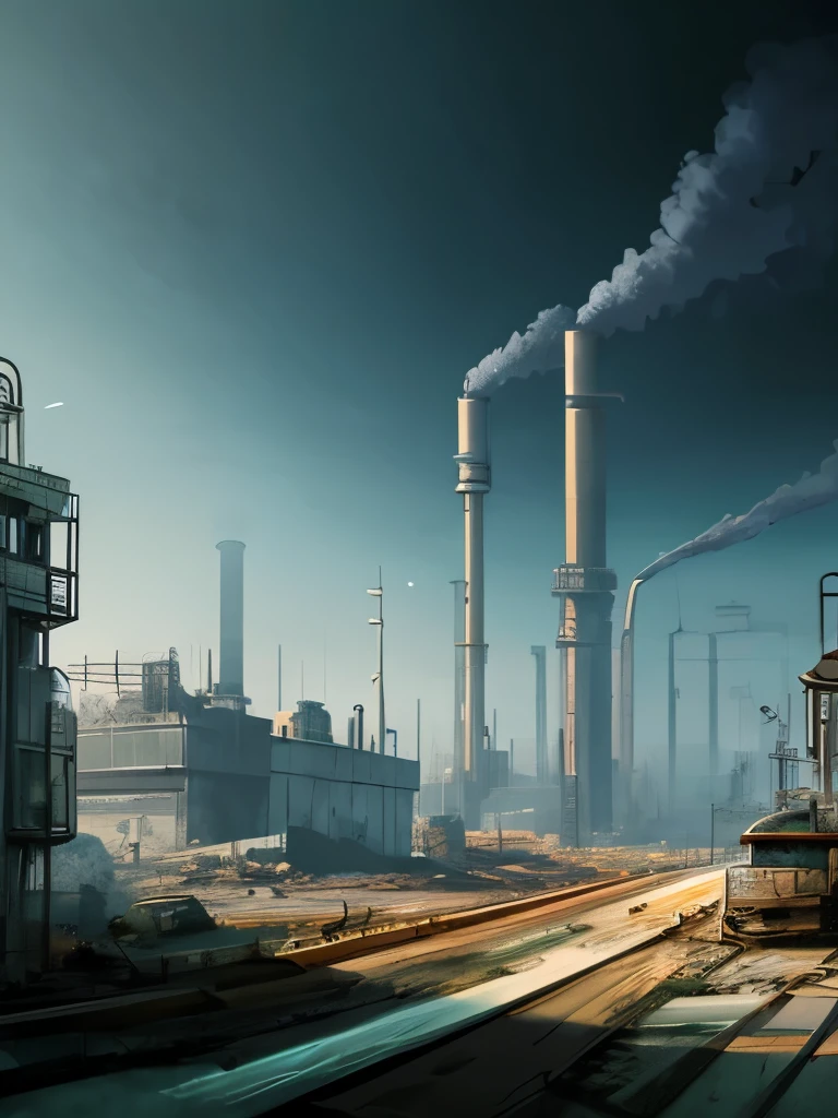 arafed industrial area with smoke and smokestacks in the background, concept art inspired by Ismail Inceoglu, cgsociety contest winner, conceptual art, industrial scifi, industrial sci - fi, industrial sci-fi, industrial sci fi, industrial environment, dystopian environment, digital concept art of dystopian, foggy dystopian world, industrial setting, factory background, dystopian atmosphere