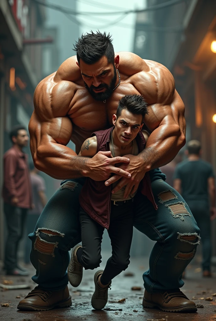 Indian Gay couple, young boy kissing with 30 years old Desi police man with mustach and hung gun at waist mascular dark skin jaat with huge wide muscular shoulders, wide chest, abs, masculine wide triceps, arms, biceps, big masculine legs, wide thighs, calfs, black-haired, hair falls on your face, Mesmerizing brown eyes, red underwear, gloves in hand, in office