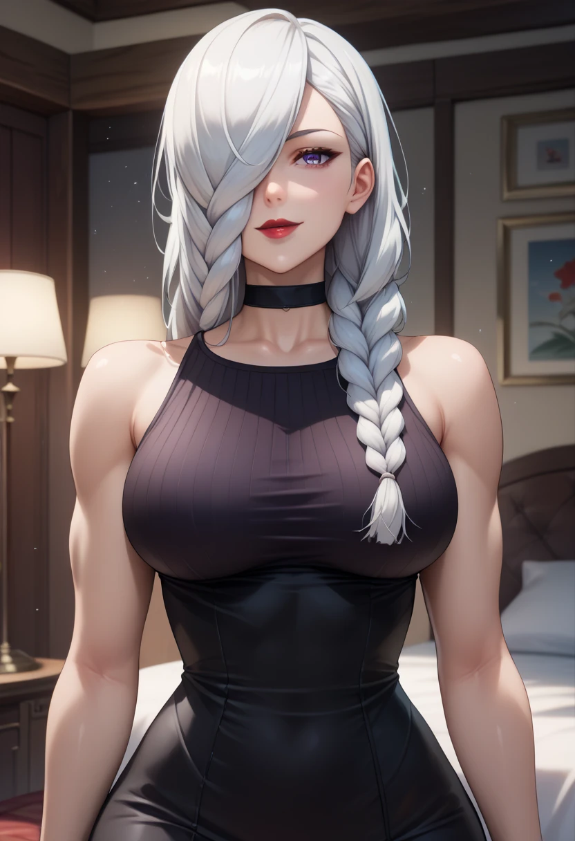 score_9,score_8_up,score_7_up,score_6_up,score_5_up,score_4_up BREAK skinny, big breasts, shiny skin,bokeh,bloom, indoors,light particles, bedroom, 1girl, ((clear eyes)), Mei Mei, (((long hair,white hair,braid,hair over one eye))), pale skin, purple eyes, medium lips, red lips, mature female, ((perfect model body)),((black dress, deep neckline, black choker)), wide hips, model pose, posing, sexy smile, extremely muscular arms