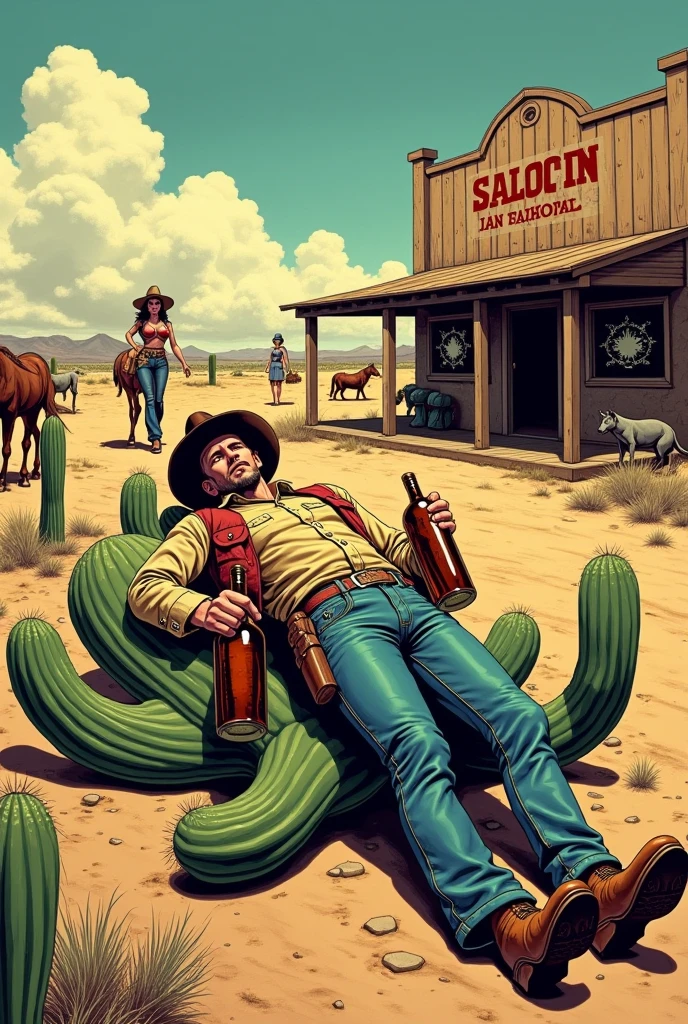 A drunk cowboy with two large bottles of liquor in his hands lying on a hyper-realistic comic wild west look, a cactus on the ground in the background, a cantina in the distance, a cowgirl woman helping him next to a horse, a dog, an armadillo