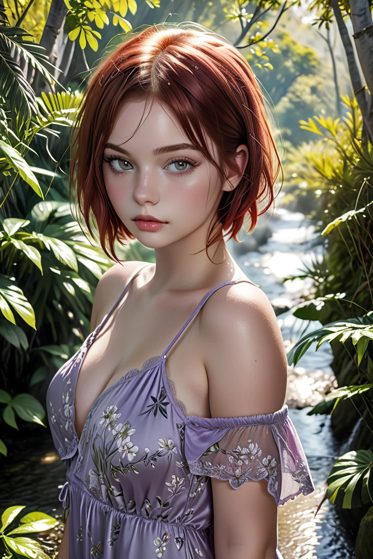 A teenage plus-size Caucasian  model of rare beauty, lightly tanned white skin, short red hair with a bob cut, small snub breasts, distracted gray green eyes, delicate and long hands. She wears a violet açaí negligee. She poses backside snubing beautiful ass along a narrow path under trees in the Atlantic Forest, surrounded by beautiful tropical gardens; a fountain with a jet; natural backlighting. 
Color photograph with Canon EOS R6 Mark II Camera, 55 mm, ISO 100,400, 4K. From below view, depth of field, backlightin 