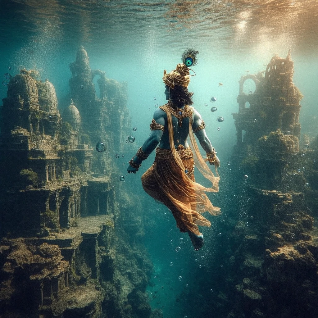 Lord Krishna, suspended gracefully underwater, back turned, gazing at the broken city ruins of Dwarka under the ocean. The ruins city covered by algaes, plants in ethereal underwater light, fading into the deep. Sea life surrounds, with shimmering bubbles creating a mystical ambiance. Krishna, adorned with his peacock crown and gold ornaments, cloths rippling bubbles, divine presence. Faded hues of blue, orange, gold, and green evoke nostalgia in an emotional wide shot.