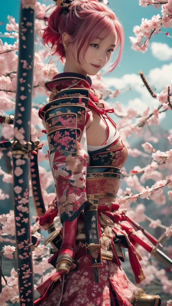  Sexy female character wearing red armor as a warrior from the Sengoku period 、((from front)) 、((very short hair))、((Hot pink hair))、((toned body))、(glistening skin)、 ( embarrassed smile ,  your expression when you feel intense caress,  Expression When Feeling Pleasure)、 toned body、((huge breasts sagging breasts))、Big Breasts、 plump thighs、 The pink armor with a plum blossom pattern engraved on it is a bikini type and is designed to emphasize chest exposure、(  wearing a plum blossom patterned cape )、peplum skirt、Red shin guard with plum blossom engraved on it 、Pink high-leg underwear 、Red tights 、 absolute domain、Inverted skirt、((holding katana))、Dramatic lighting、((Clear Sky Thunderbolt))、(( Plum blossoms in full bloom in the background ))、(( Large plum blossoms in full bloom on the front ))、 cinema-like scene  、 Max Image、 Ultra High Definition、8k、masterpiece、