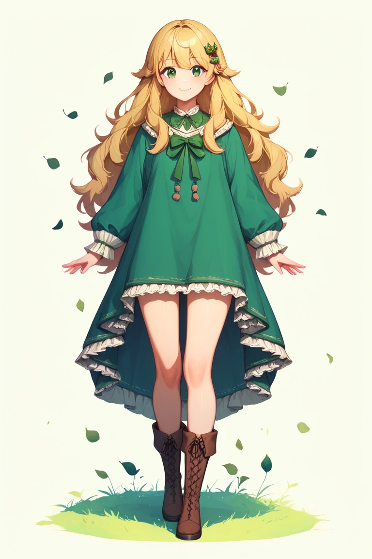 cute adult girl,blonde hair,wavy long hair,rose and leaves hairpins,green eye,long sleeve shirt,short brown fringe poncho, long brown knee skirt,outside the skirt have green cover-up skirt ,long knee roper boots,put both arms at sides, holding two magic wands in both hands,closed mouth smile, standing,facing viewer,full body,white background