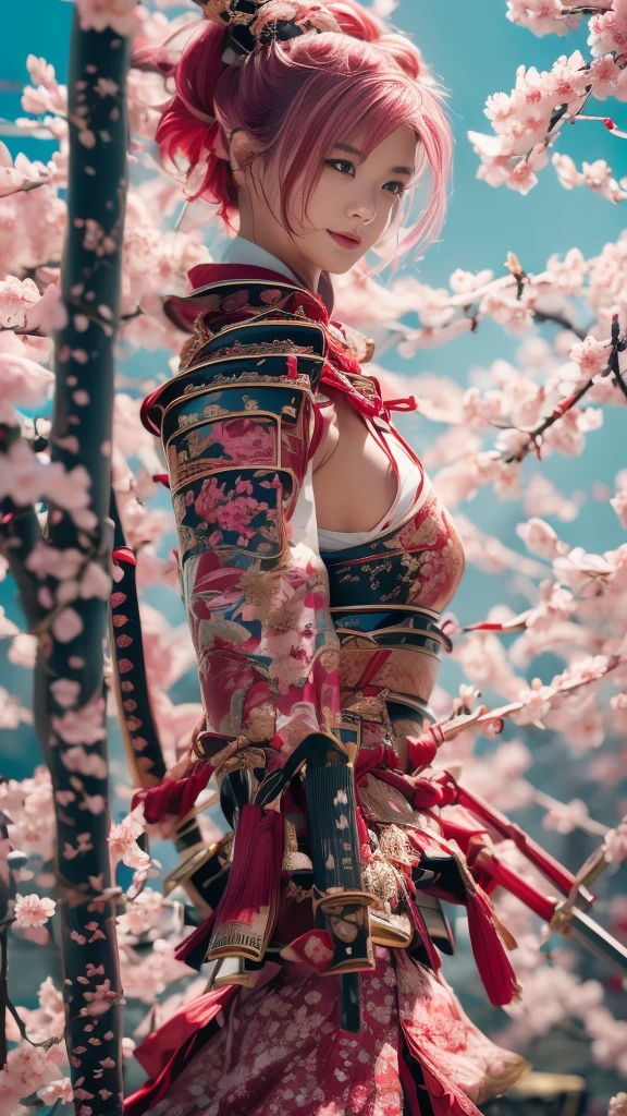  Sexy female character wearing red armor as a warrior from the Sengoku period 、((from front)) 、((very short hair))、((Hot pink hair))、((toned body))、(glistening skin)、 ( embarrassed smile ,  your expression when you feel intense caress,  Expression When Feeling Pleasure)、 toned body、((huge breasts sagging breasts))、Big Breasts、 plump thighs、 The pink armor with a plum blossom pattern engraved on it is a bikini type and is designed to emphasize chest exposure、(  wearing a plum blossom patterned cape )、peplum skirt、Red shin guard with plum blossom engraved on it 、Pink high-leg underwear 、Red tights 、 absolute domain、Inverted skirt、((holding katana))、Dramatic lighting、((Clear Sky Thunderbolt))、(( Plum blossoms in full bloom in the background ))、(( Large plum blossoms in full bloom on the front ))、 cinema-like scene  、 Max Image、 Ultra High Definition、8k、masterpiece、