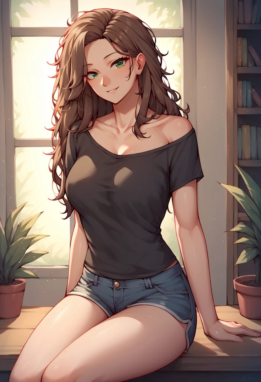 score_9, score_8_up, score_7_up, score_6_up, score_5_up, score_4_up, source_anime, 1girl, lisadef, beautiful body, sexy smile, +18, sexy woman, brown hair, long hair, green eyes, messy hair, black shirt, shorts, full body, worth, turn your back, room, looking at the viewer, best quality, best res, 4K UHD,
 