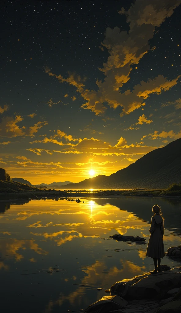 golden hour scene of two friends sharing a quiet moment. The scene features a sky filled with twinkling stars and constellations, with a love inscription "Plus haut que le ciel & les étoiles" and with a winding river in the background.   The lighting casts cold, mysterious shadows, enhancing the surreal beauty of the landscape. The figure is dressed in a bohemian outfit, adding a mysterious look. Small details, like the waves gently lapping the shore, bring an extra layer of magic and realism to the scene.}bv-stuanilan