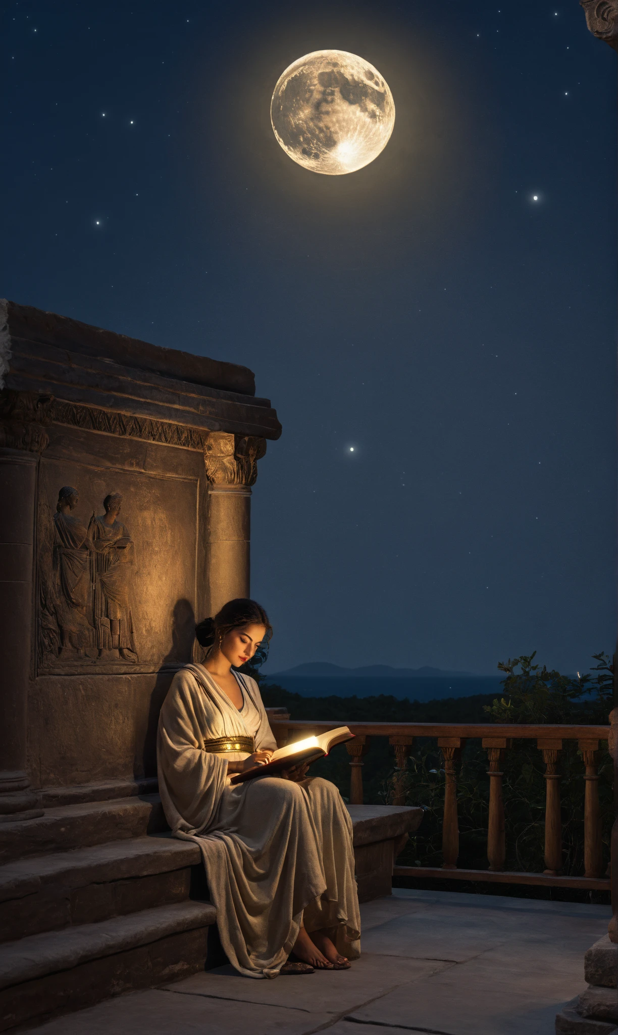 Ancient art of a woman in a toga,   reading on the porch and watching the moon , deusa selena no estudo