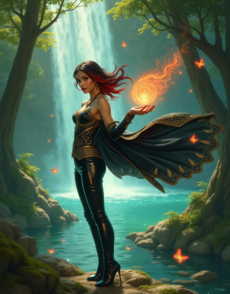 (supernatural fantasy art style:1.3), (masterpiece, best quality:1.2), grizzled woman, rugged, stunningly beautiful landscape, scuffed armor, arcane cloak, hooded cape, rainy night, rain, water drop, raining <lora:rainbow glass:0.8>, Rainbow Glass, radiant light, luminous refractions, iridescent glass, vibrant colors that bathe her body in prismatic light, Vibrant refractions dance across toned skin, full body, bathed in rainbow light , tight wet clothes, black footwear