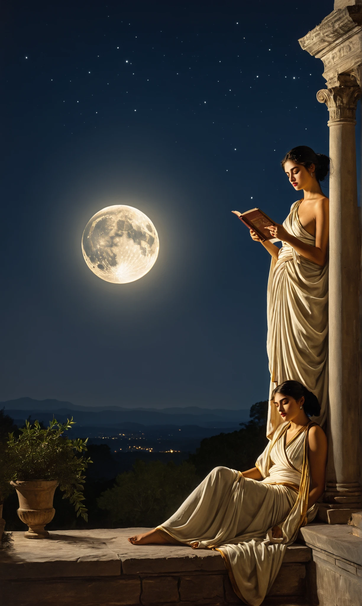 Ancient art of a woman in a toga,   reading on the porch and watching the moon , deusa selena no estudo