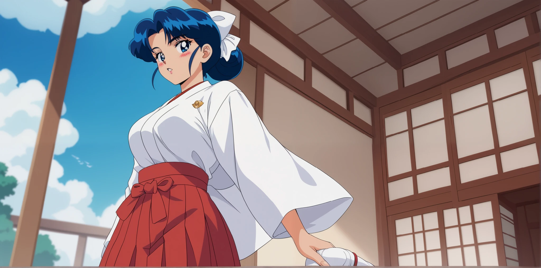 Young woman drawn in 80’s anime art style. 
Retro anime. Vintage Anime. Classical Anime. 
Black Blue HAIR
Cone Hair Bun Hair
She has perfectly Round and Circle eyes. 
Blue eyes and Medium Sized Eyebrows. 
She is Tan Woman.
She has Medium Breast
Small blush on cheek.
She is wearing a japanese Hakama uniform. 
The outfit is specifically a Furisode-style.
Hakama is (White and Red)
The Hakama is White Top & Red (Pants) Bottom
Hakama are secured by four straps (do): two longer do attached on either side of the front of the garment, and two shorter do attached on either side of the rear. 
The rear of the garment may have a rigid trapezoidal section, called a koshi-ita (Waistboard)
Below that on the inside, there may be a hakama-dome (hakama stop) which is tucked into the obi or do at the rear, and helps to keep the hakama in place.

Japanese School

(Cloudy) (Sky) (Raindrops) (Rainy Sky)

(View from the Room)

