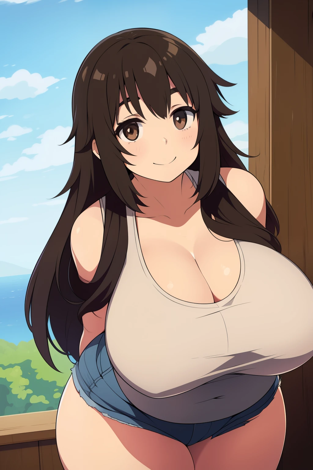 Chubby girl with big breasts brown eyes long and messy black hair smiling