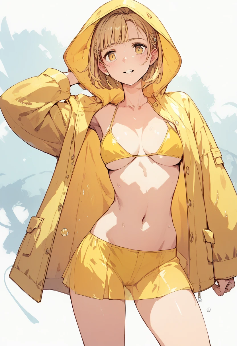 Shot from below、Standing with your legs apart、Standing with feet shoulder-width apart、Cute girl、highest quality、Ultra - High resolution、High resolution、Highly detailed CG、8k unit wallpaper、18-year-old、Careful and gentle eyes,Delicate and beautiful smile、Platinum Blonde Hair、Asymmetrical Hair、((( Dark Skin:1.5)))、(Shiny body,:1.5)、rabbit ears、(((loose socks、big breasts))) 、(Orange motocross jacket with green details, Biker clothes. Detailed design、Skin-colored bikini)Double Peace 、2.5D、My girlfriend、Grab the bikini strings、Tight bikini、Open your feet wide