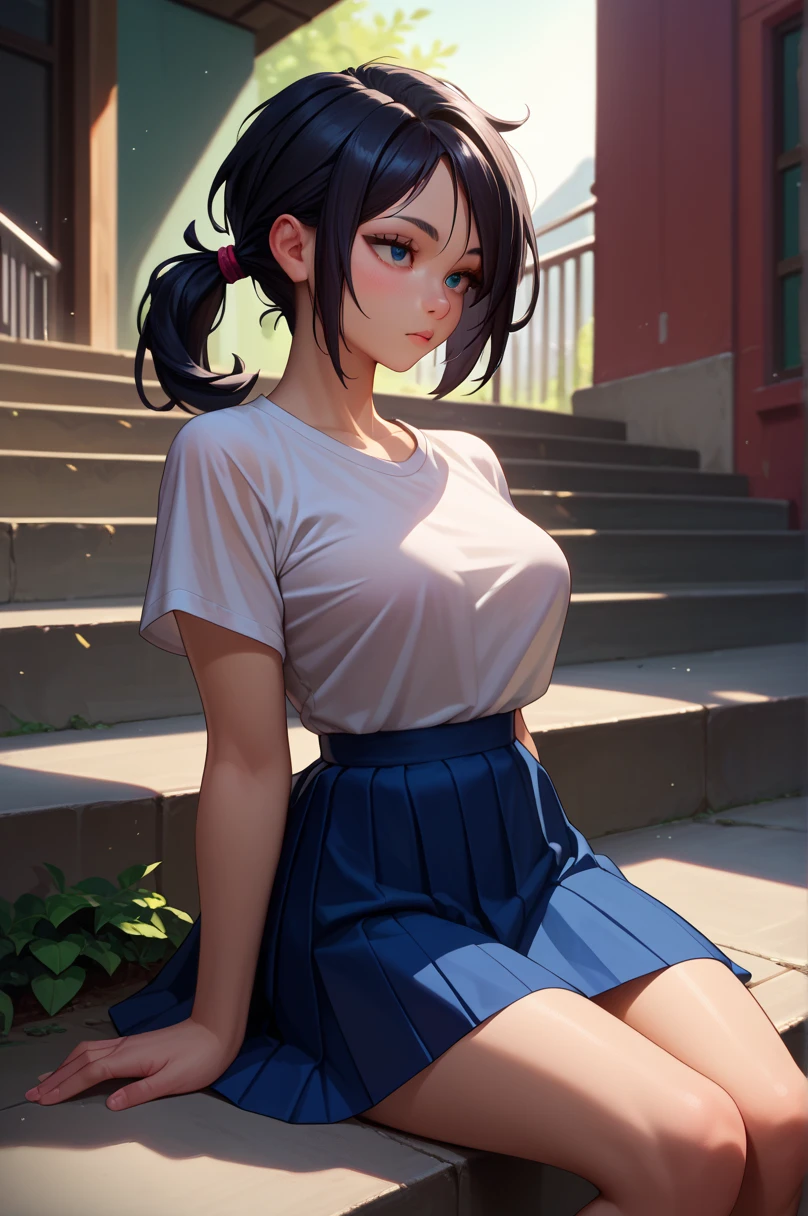 1 girl,  black hair, ponytail , skirt,  black low-cut shirt,  Big Tits, sitting on a ledge 