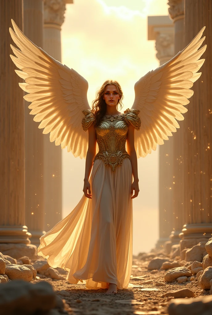 scorscore_9,score_8_up,score_7_up,score_6_up,score_5_up,score_4_up,A digital reinterpretation of the ancient Greek sculpture "Winged Victory of Samothrace" featuring huge, exquisitely crafted wings, beautifully detailed body and face, beautifully detailed eyes, beautifully detailed mouth, thin flowing blonde hair, lively facial expression, ideal proportions, large breasts, tiny waist, big butt, sheer skin, sheer dress, a graceful pose as if about to take off from a cliff, dramatic lighting, vibrant colors, cinematic composition, digital painting, cowboy shots, Alla