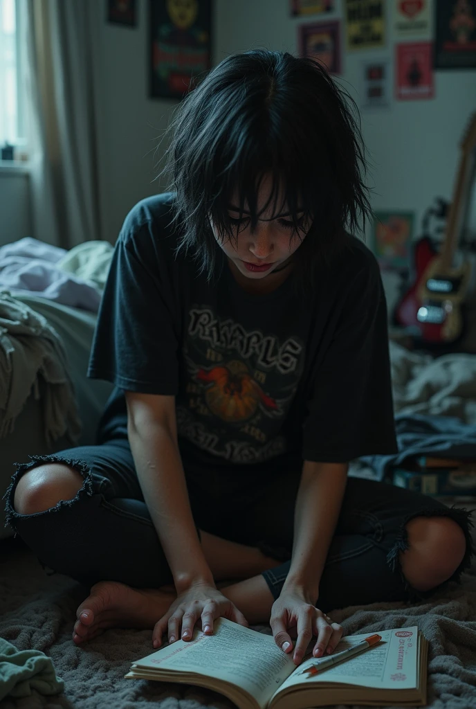 15 year old emo girl,tank top,black ripped jeans,sitting on bed,teenage boy's room,80's style furniture,detailed face,detailed eyes,detailed lips,long eyelashes,emotional expression,cinematic lighting,warm color tones,atmospheric,high quality,photorealistic,masterpiece