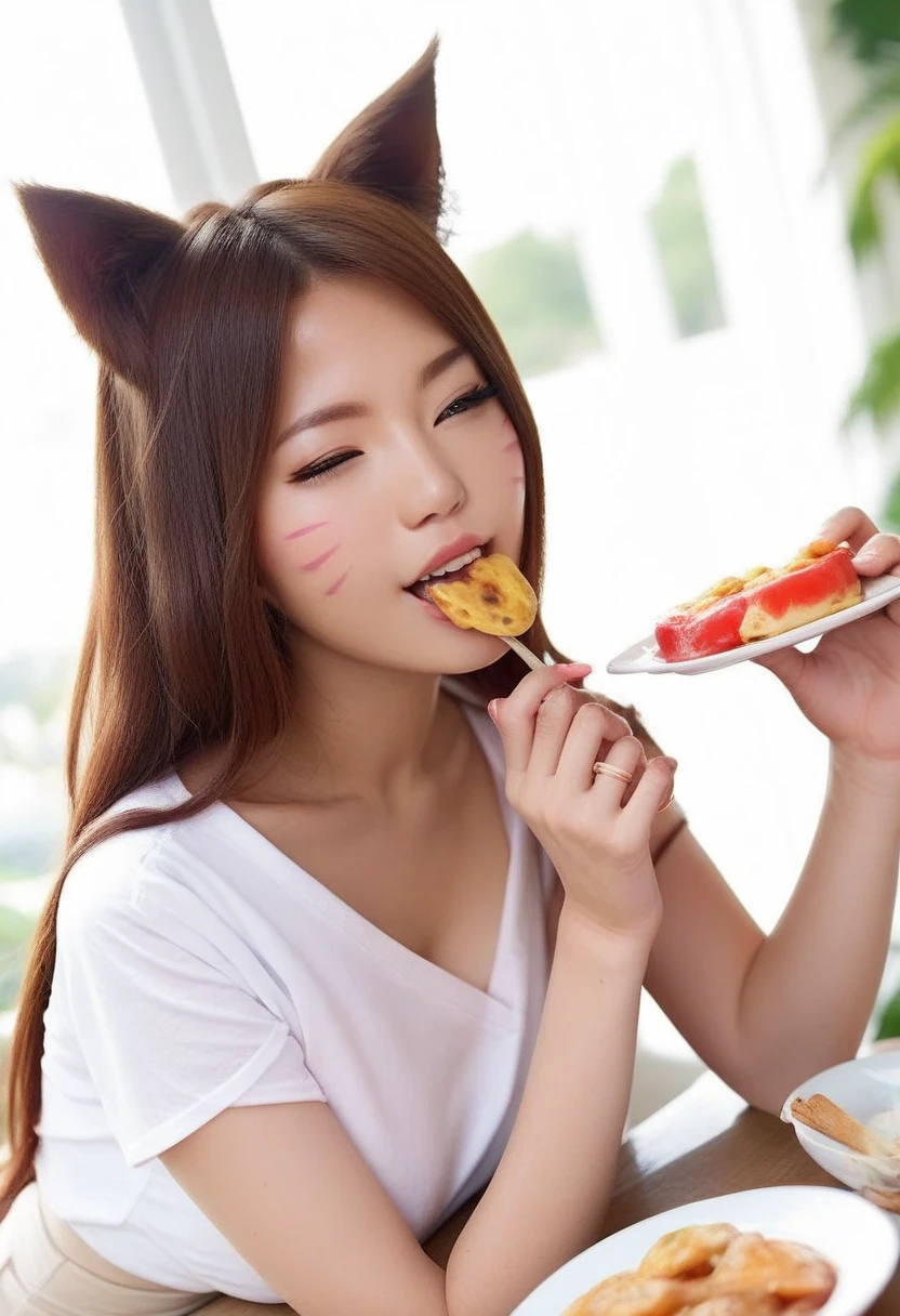 Man and  Ahri eating food in Korean