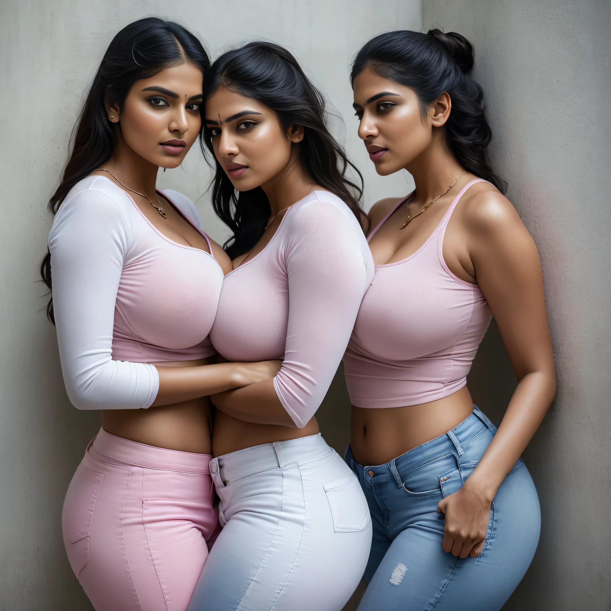 Two hottest Indian women rivals hatefully looking each other wearing tight jeans and white shirts hugging tightly each other pinned against wall photorealastic, raw photo, masterpiece,8k realistic ,big tight ass detailed eyes detailed pink lips detailed makeup open hair very big breast big tight ass  in rain 