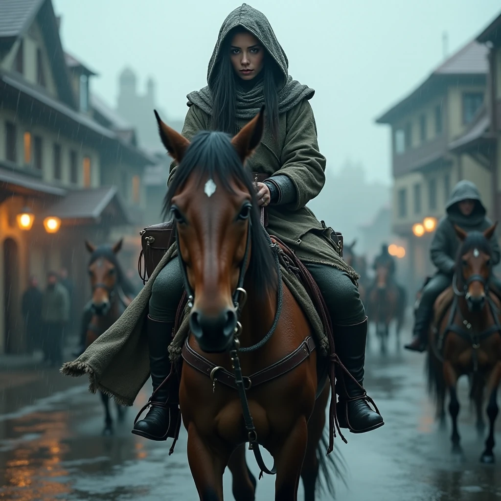 ((masterpiece, highest quality, Highest image quality, High resolution, photorealistic, Raw photo, Extremely detailed CG unified 8k wallpaper)), (huge stunning goddess shot, very hot and sexy, jaw-dropping beauty, perfect proportions, beautiful body, slim body beauty:1.4), A medieval street, a traveler on horseback is walking in the rain, both she and her horse are wet, a medieval town can be seen in the distance behind her, the view is hazy from the rain, she is wearing a crude hooded cloak and crude boots, carrying a small amount of luggage in a bag on her back,