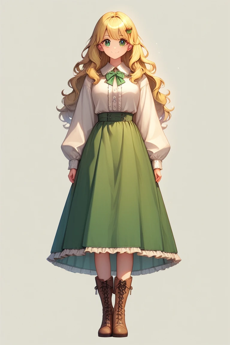 cute adult girl,blonde hair,wavy long hair,rose and leaves hairpins,green eye,high definition eyes,high gradient eyes,detailed eyes,long sleeve shirt,short brown fringe poncho, long brown knee skirt,outside the skirt have green cover-up skirt ,long knee roper boots,put both arms at sides, holding two magic wands in both hands,closed mouth smile, standing,facing viewer,full body,white background