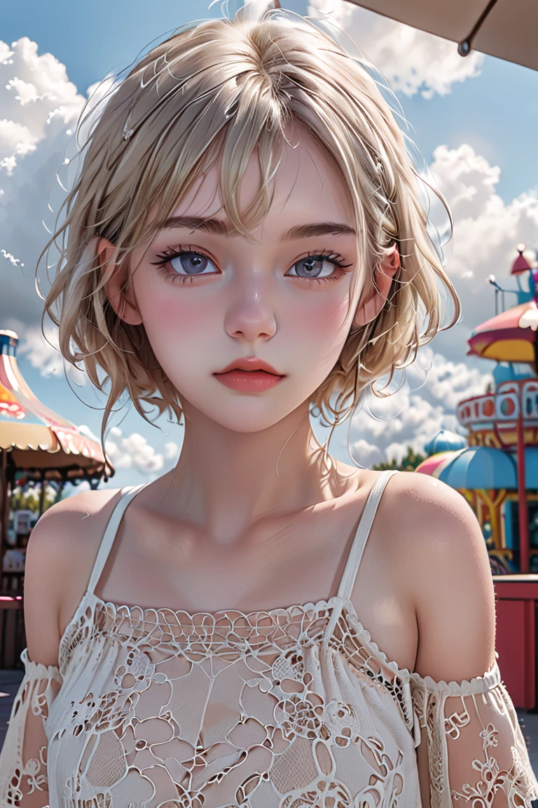 A Caucasian teenage model of rare beauty, lightly tanned white skin, short blond hair with a bob cut, small breasts, distracted blue eyes, delicate and long hands. She is wearing a loose white mini-top, a young and loose-fitting; a wavy crochet mini-skirt in mocha mousse with coffee geometric patterns. She passed by an amusement park with a modern roller coaster in the background. Vanilla blue sky, backlit sun, cumulonimbus cloud. 
Color photography (primary colors)Camera Canon EOS R6 Mark II, 55 mm, ISO 100,400, 4K